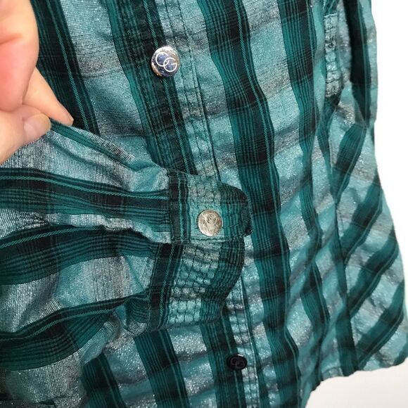 COOGI Metallic Plaid Snap Front Western Shirt Embroidered Spell Out Sz L - Picture 7 of 16